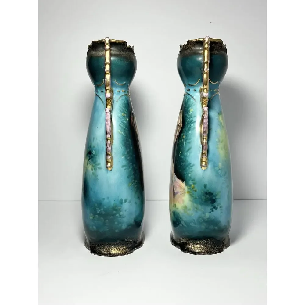 1890s Victoria Carlsbad Austria Art Nouveau 2 Art Nouveau Portrait Vases 11 5/8”